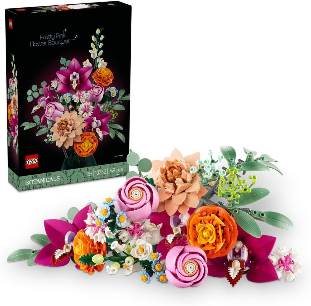 LEGO Botanicals Pretty Pink Flower Bouquet Set for Adults, Artificial Floral Home Decor Building Kit with Roses, Daisies, Cornflowers and Elderflowers, Nature Gifts for Women, Men, Her or Him 10342