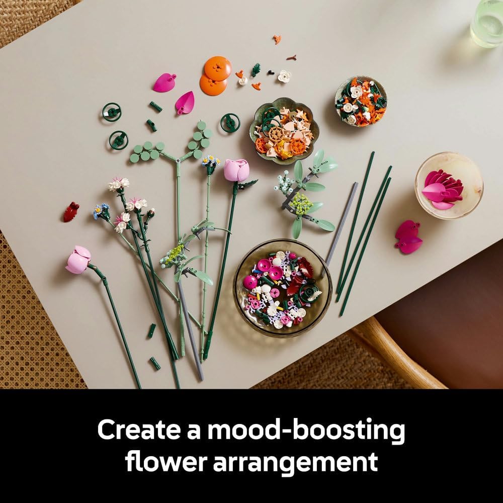 LEGO Botanicals Pretty Pink Flower Bouquet Set for Adults, Artificial Floral Home Decor Building Kit with Roses, Daisies, Cornflowers and Elderflowers, Nature Gifts for Women, Men, Her or Him 10342