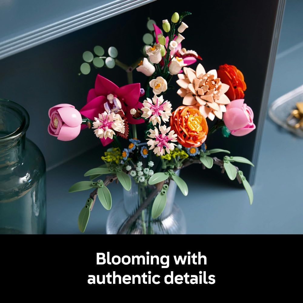 LEGO Botanicals Pretty Pink Flower Bouquet Set for Adults, Artificial Floral Home Decor Building Kit with Roses, Daisies, Cornflowers and Elderflowers, Nature Gifts for Women, Men, Her or Him 10342